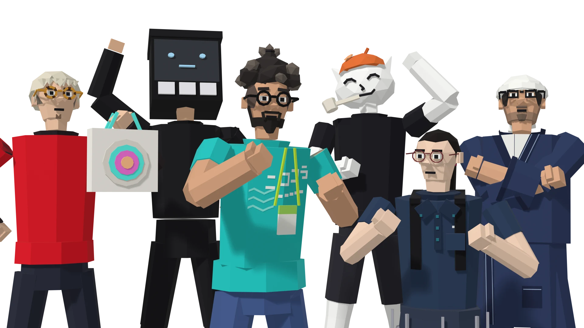 MAKER FIGHTER の登場キャラクター 6 人が構えを決めた集合イラスト
